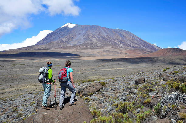 Climbers in colorful gear ascending the northern slopes with Kilimanjaro's dramatic glaciated summit ahead